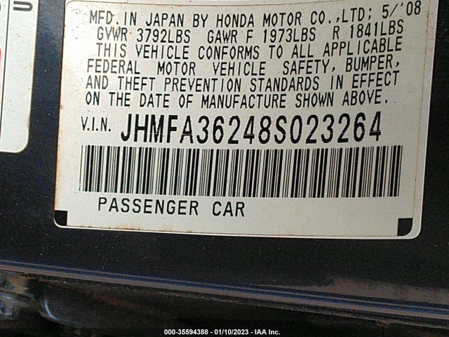 2008 HONDA CIVIC HYBRID VIN: JHMFA36248S023264