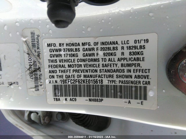 2019 HONDA CIVIC SEDAN LX VIN: 19XFC2F62KE015618