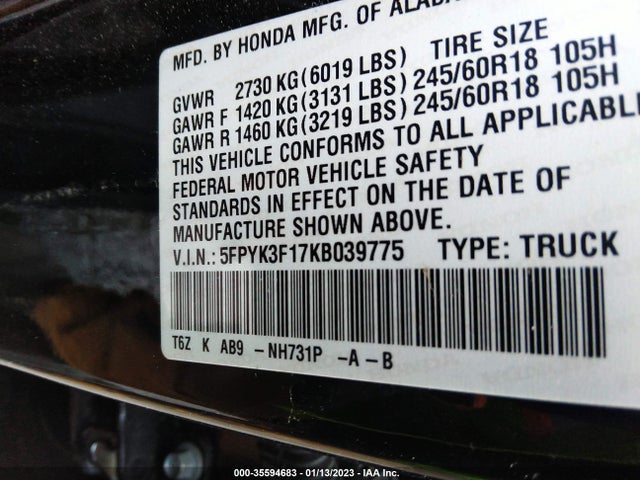 2019 Honda Ridgeline, VIN: 5FPYK3F17KB039775