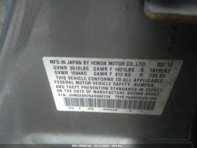 2010 HONDA FIT VIN: JHMGE8H26AS000724