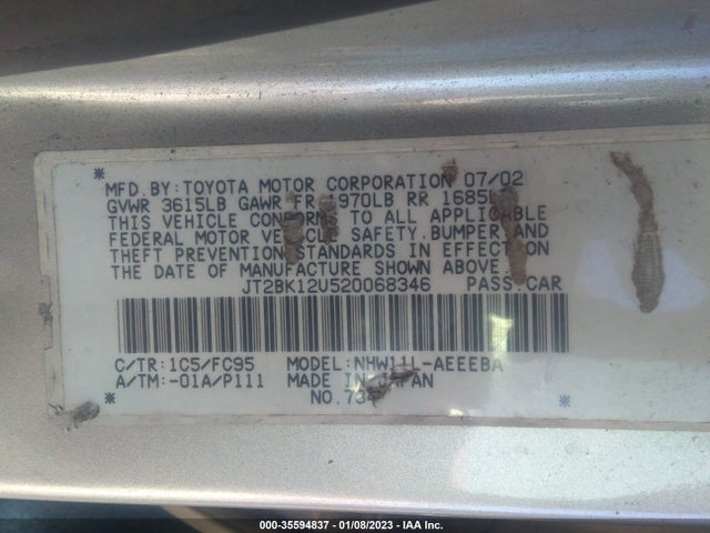 2002 TOYOTA PRIUS VIN: JT2BK12U520068346