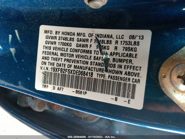 2013 HONDA CIVIC SDN LX VIN: 19XFB2F5XDE068418