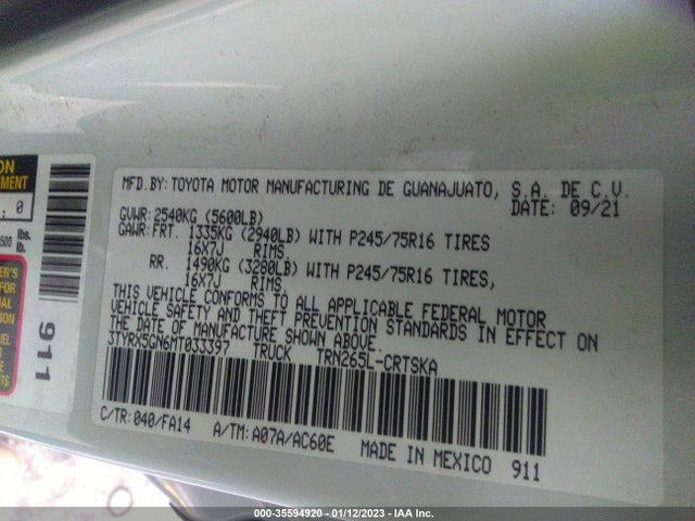 2021 TOYOTA TACOMA 2WD SR/SR5 VIN: 3TYRX5GN6MT033397