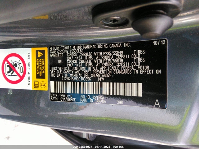 2T2ZK1BA9DC103356 Lexus RX 350