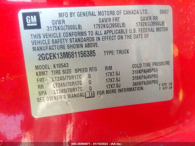 2008 CHEVROLET SILVERADO 1500 LT W/1LT VIN: 2GCEK13M681156385