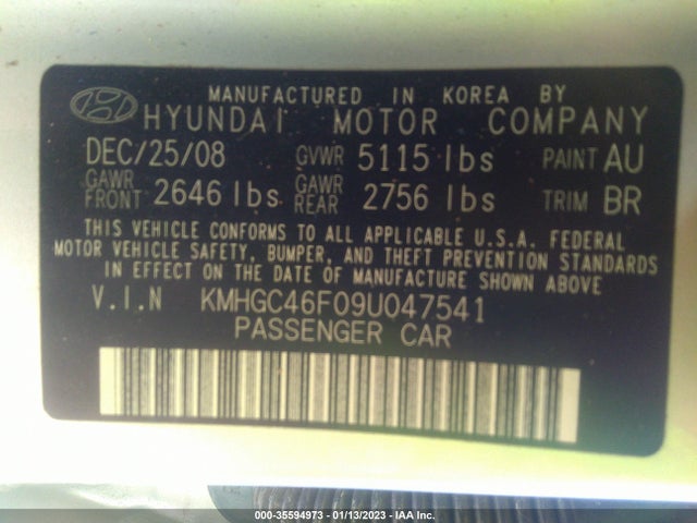 2009 HYUNDAI GENESIS VIN: KMHGC46F09U047541