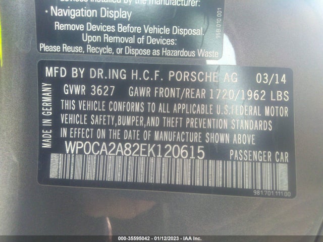 2014 Porsche Boxster, VIN: WP0CA2A82EK120615