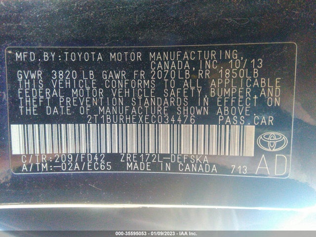2014 TOYOTA COROLLA L/LE/S/S PLUS/LE PLUS VIN: 2T1BURHEXEC034476