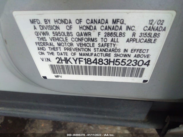 2003 HONDA PILOT EX VIN: 2HKYF18483H552304