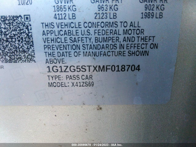 2021 CHEVROLET MALIBU RS VIN: 1G1ZG5STXMF018704