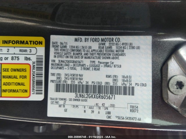 Lincoln MKZ 2016 3LN6L2GKXGR605671 Image 10