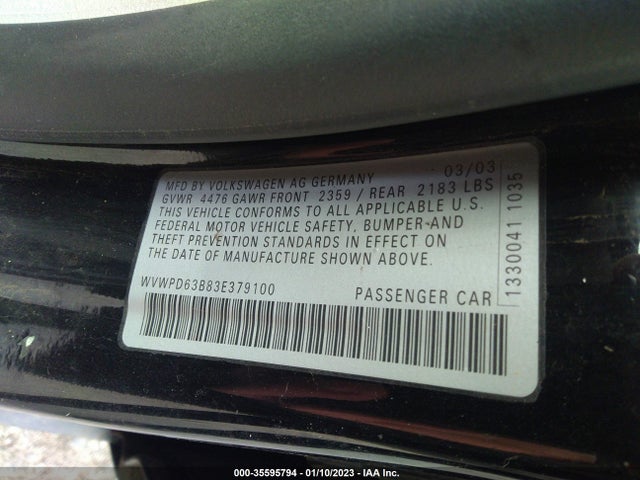 2003 VOLKSWAGEN PASSAT GLS VIN: WVWPD63B83E379100