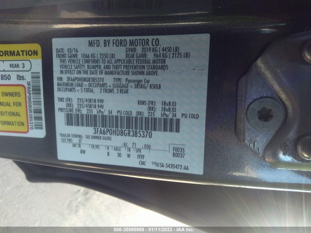 2016 Ford Fusion, VIN: 3FA6P0HD8GR385370