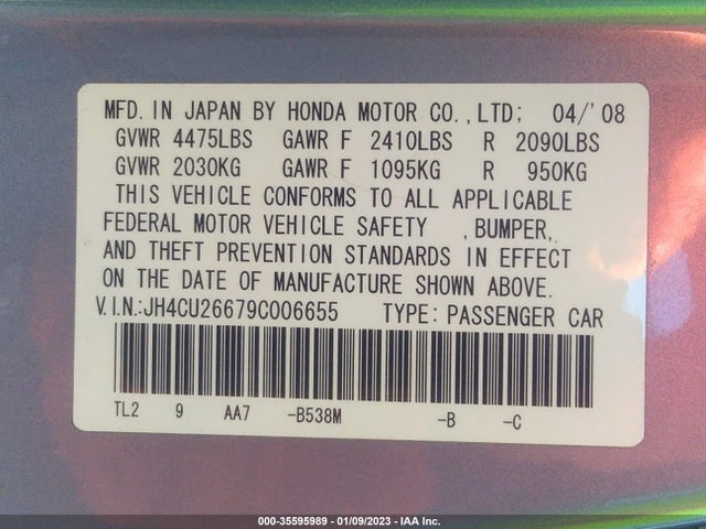 2009 ACURA TSX VIN: JH4CU26679C006655