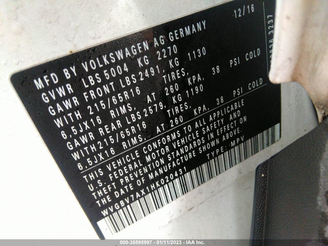 WVGBV7AX1HK020431 Volkswagen TIGUAN