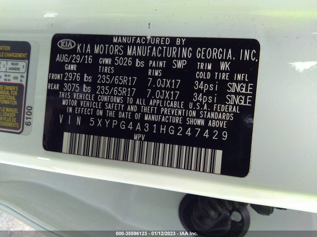 2017 Kia Sorento, VIN: 5XYPG4A31HG247429