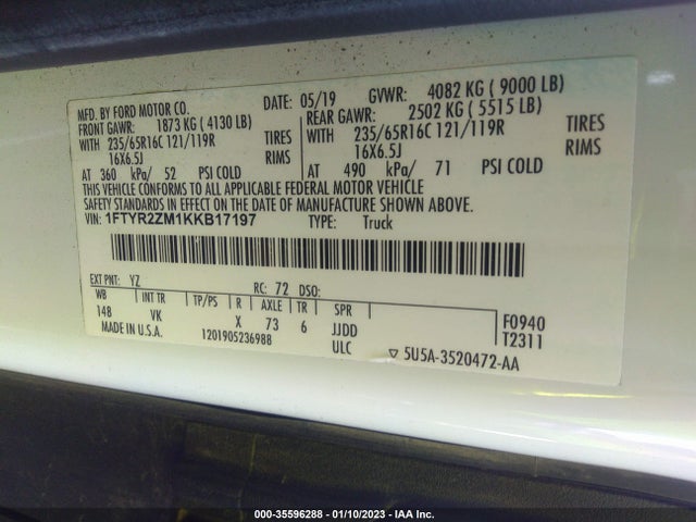 Aukcja sprzedaży 2019 Ford Transit Van, vin: 1FTYR2ZM1KKB17197, numer aukcji: 35596288