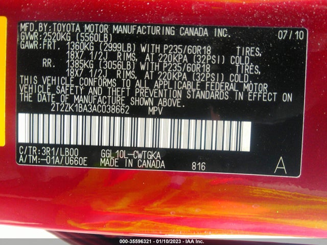 2T2ZK1BA3AC038662 Lexus RX 350