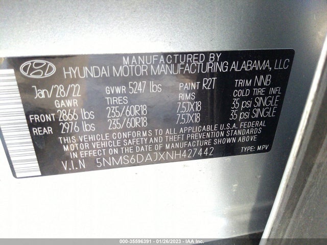 2022 HYUNDAI SANTA FE SEL VIN: 5NMS6DAJXNH427442