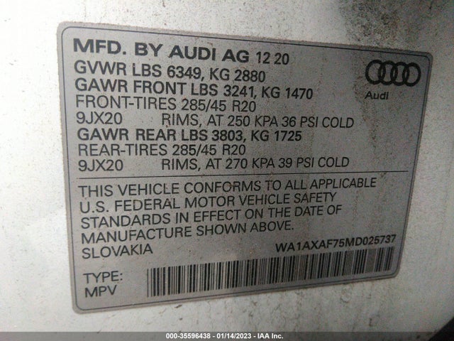 2021 Audi Q7, VIN: WA1AXAF75MD025737
