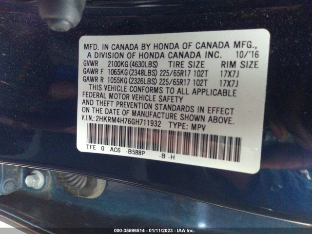 2016 HONDA CR-V EX-L VIN: 2HKRM4H76GH711932
