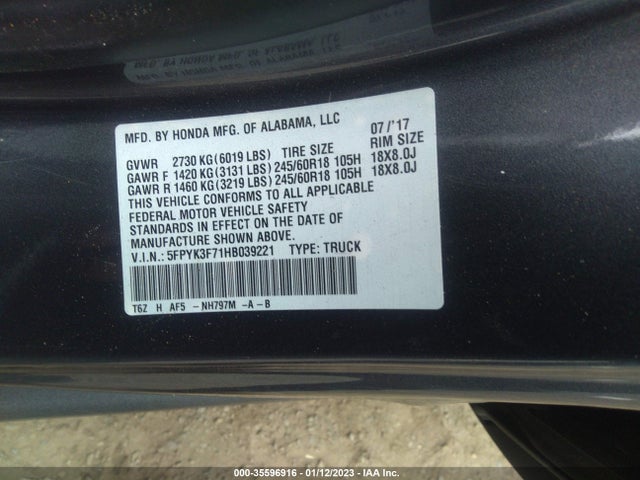 2017 Honda Ridgeline, VIN: 5FPYK3F71HB039221