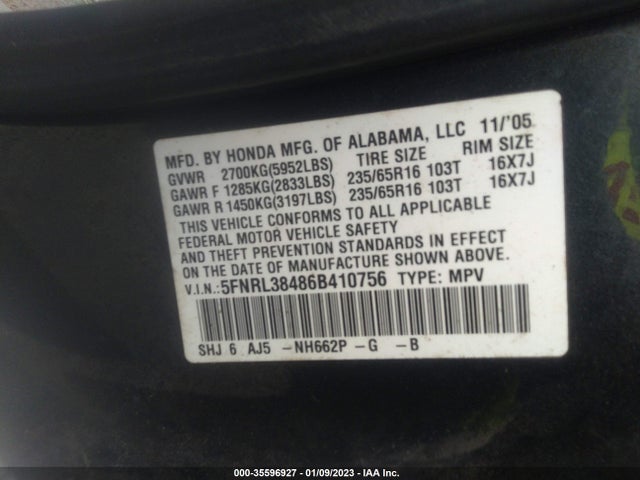 2006 HONDA ODYSSEY EX VIN: 5FNRL38486B410756