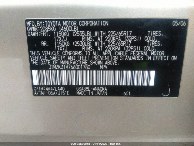 2006 TOYOTA RAV4 LIMITED VIN: JTMZK31V766001780