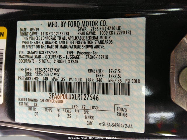 2020 Ford Fusion, VIN: 3FA6P0LUXLR127546