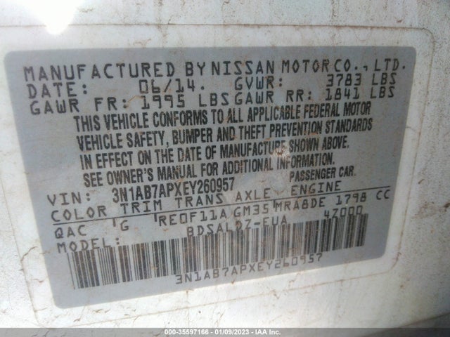 2014 NISSAN SENTRA S/FE+ S/SV/FE+ SV/SR/SL VIN: 3N1AB7APXEY260957