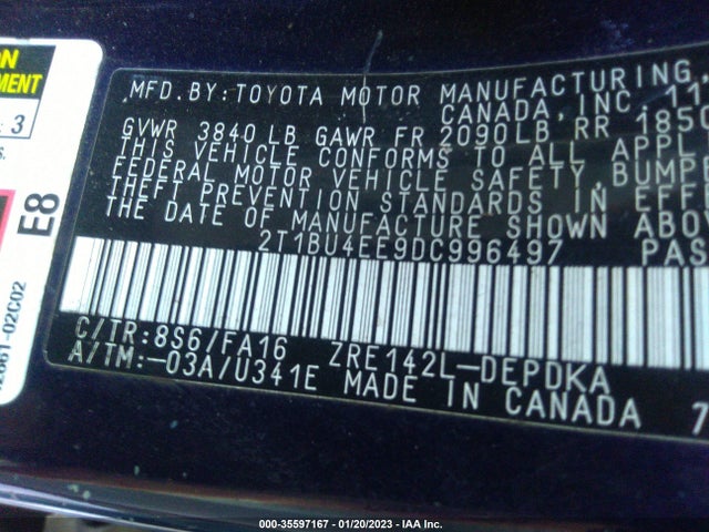 2013 TOYOTA COROLLA L/LE/S VIN: 2T1BU4EE9DC996497
