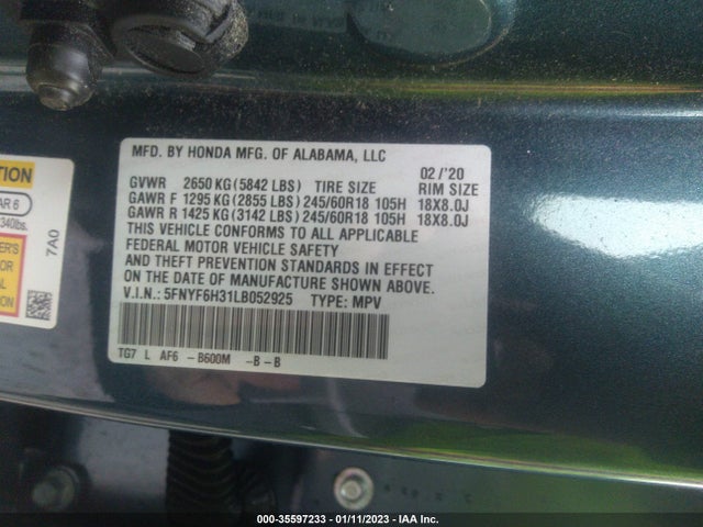 2020 Honda Pilot, VIN: 5FNYF6H31LB052925