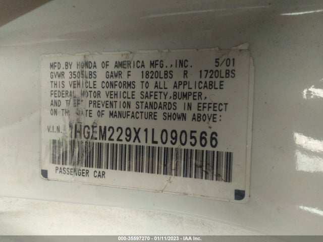 2001 HONDA CIVIC EX VIN: 1HGEM229X1L090566