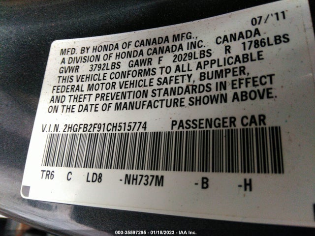 2012 HONDA CIVIC SDN EX-L VIN: 2HGFB2F91CH515774