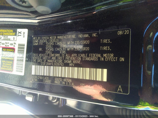 2020 Toyota Highlander, VIN: 5TDFZRAH1LS026763