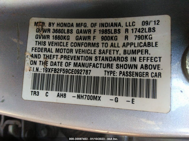 2012 HONDA CIVIC SDN LX VIN: 19XFB2F59CE092787