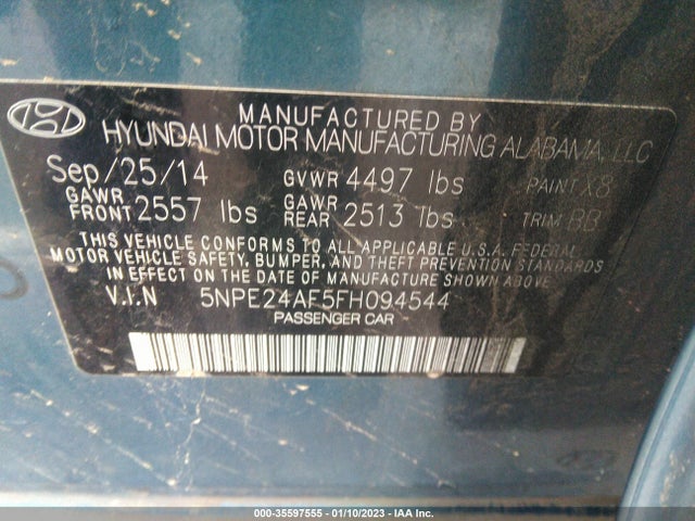 2015 HYUNDAI SONATA 2.4L SE VIN: 5NPE24AF5FH094544