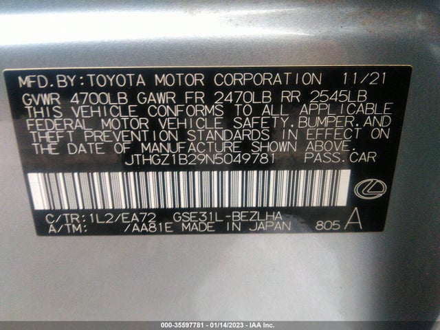 JTHGZ1B29N5049781 Lexus Is Is 350 F Sport