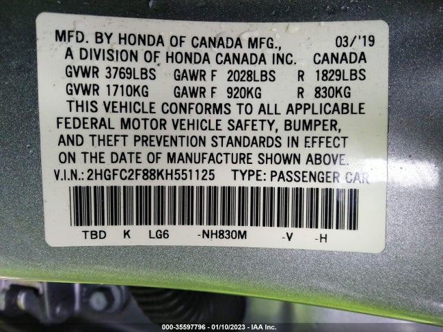 2019 HONDA CIVIC SEDAN SPORT VIN: 2HGFC2F88KH551125