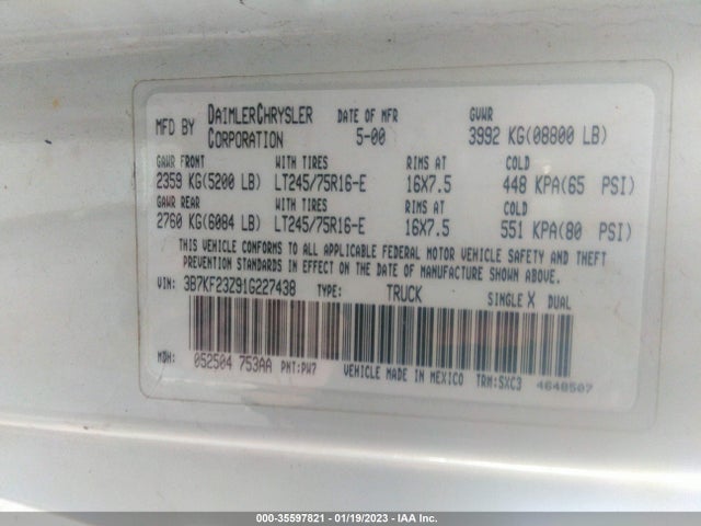 Dodge RAM 2500 2001 3B7KF23Z91G227438 Image 11