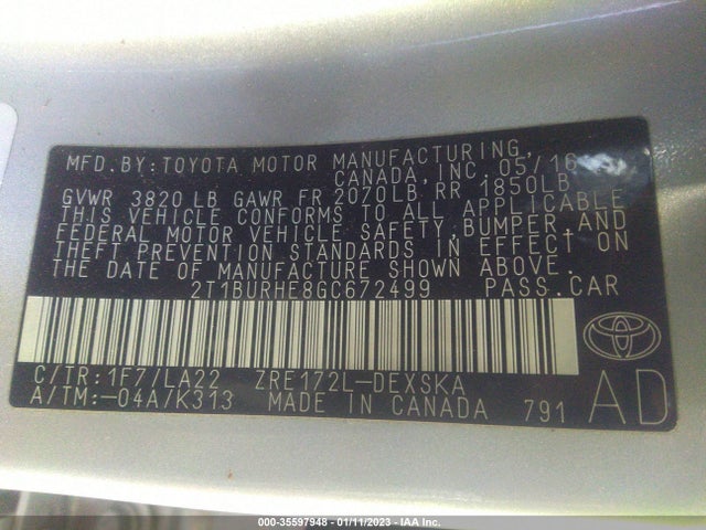 2016 TOYOTA COROLLA L/LE/S/S PLUS/LE PLUS VIN: 2T1BURHE8GC672499