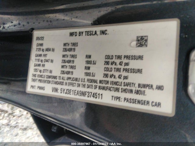 Tesla MODEL 3 2022 5YJ3E1EA9NF374511 Image 9