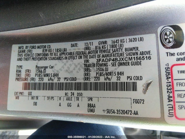 2012 FORD FIESTA SE VIN: 3FADP4BJXCM156516