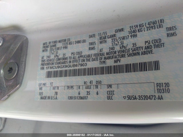 1FMCU9GX9GUB67903 Ford 2016