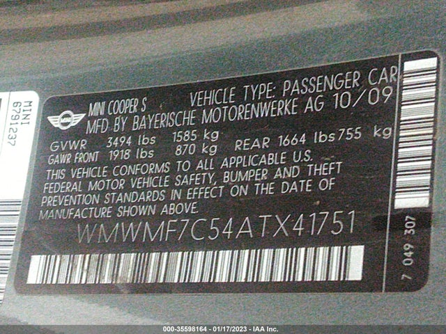 WMWMF7C54ATX41751 Mini COOPER HARDTOP