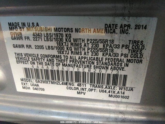 2014 MITSUBISHI OUTLANDER SPORT ES VIN: 4A4AR3AU7EE026773