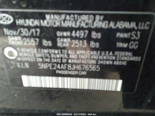 2018 HYUNDAI SONATA SE VIN: 5NPE24AF8JH676565