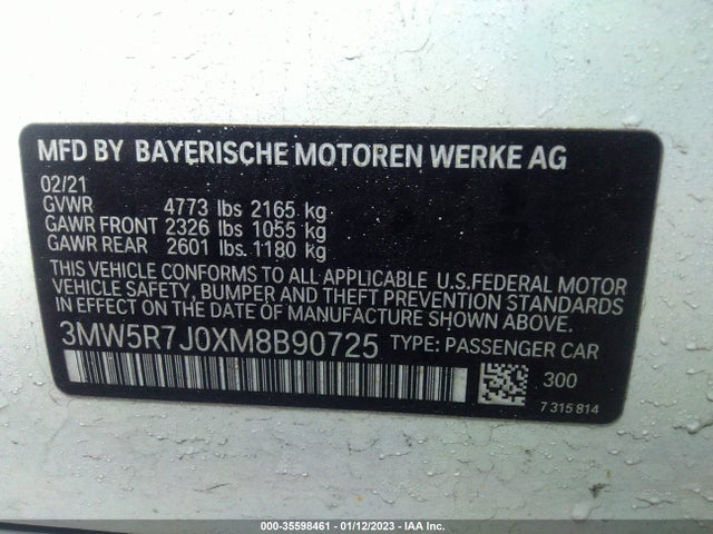 2021 BMW 3 Series, VIN: 3MW5R7J0XM8B90725