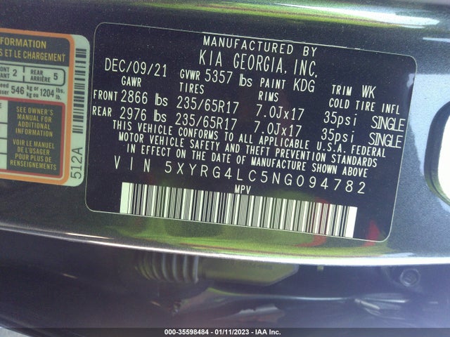 2022 Kia Sorento, VIN: 5XYRG4LC5NG094782