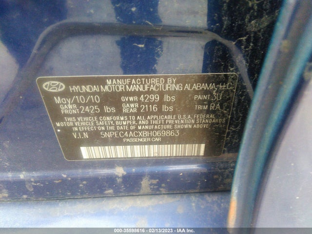 2011 HYUNDAI SONATA SE VIN: 5NPEC4ACXBH069863